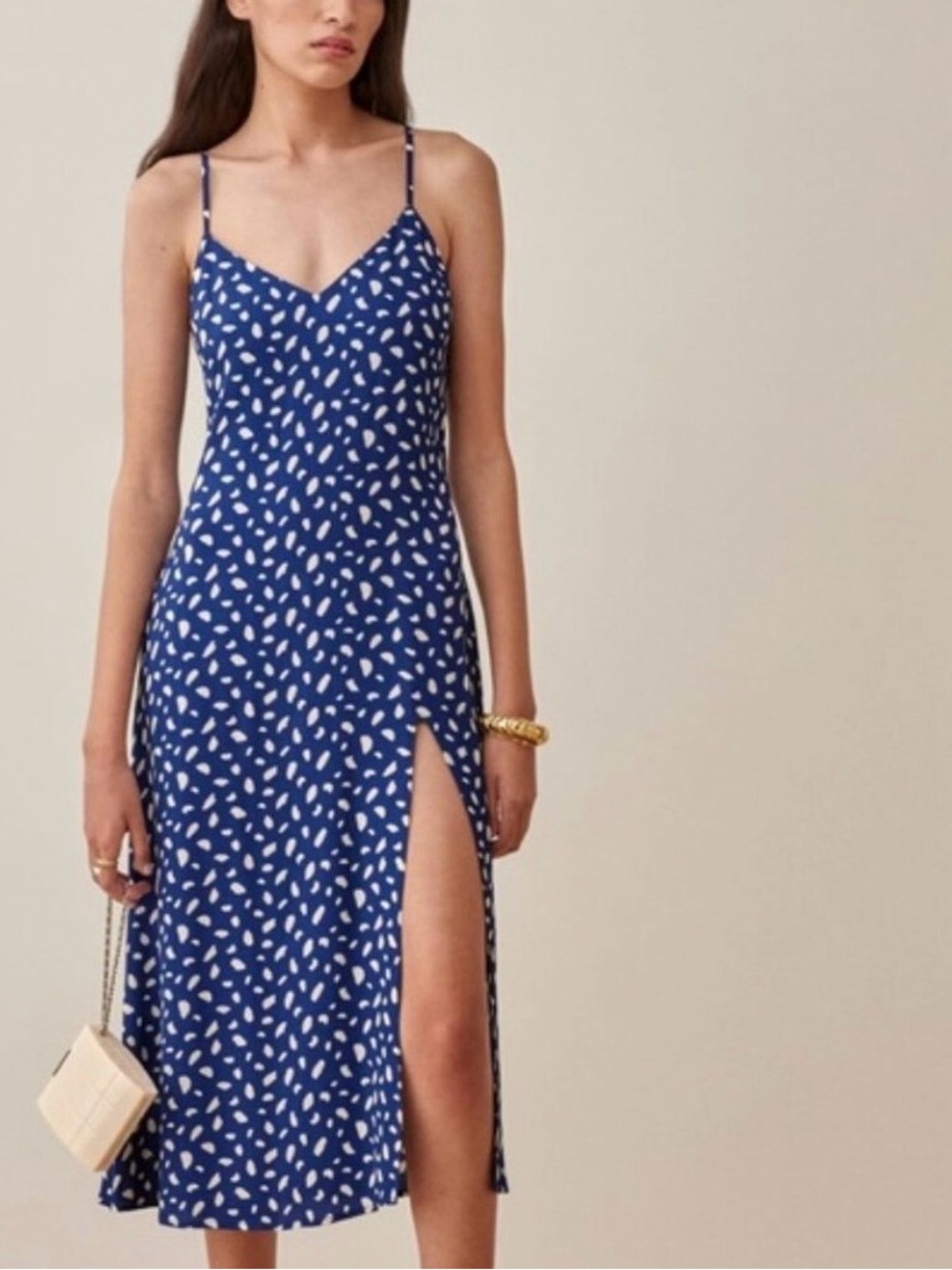 Reformation Crimini Slip Dress in Spotted Blue